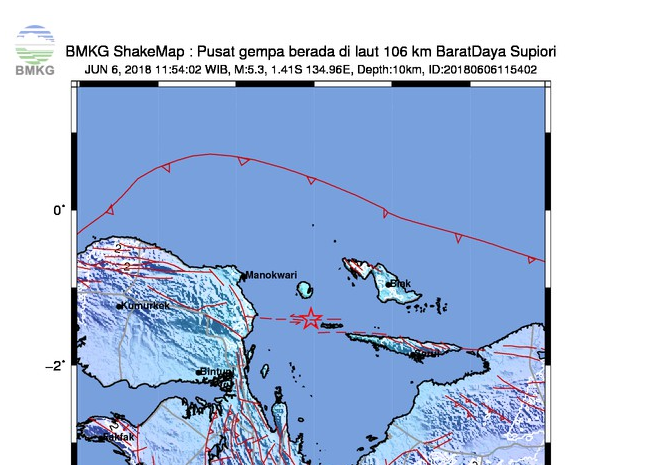 Gempabumi Tektonik Magnitude 5.3 Guncang Kabupaten Manokwari